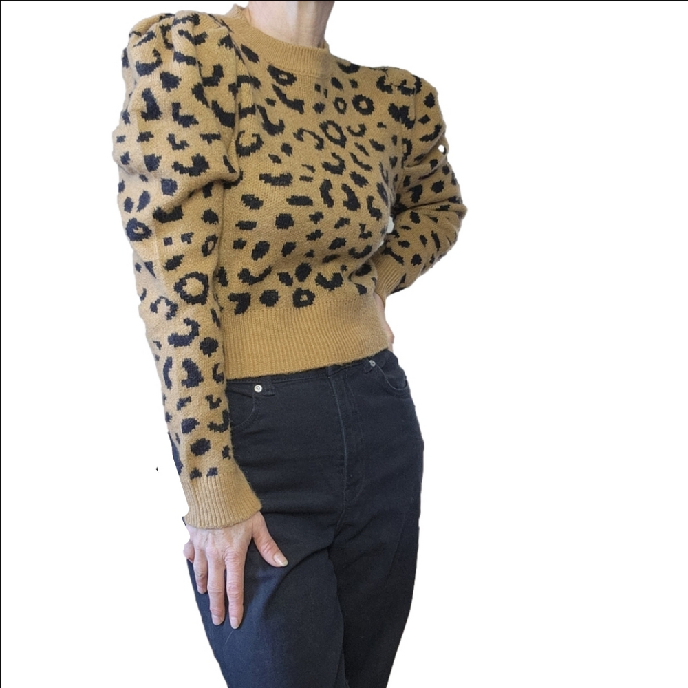 Knit Sweater Pullover Cropped Leopard print Puff sleeves Tan Black OAK+FORT